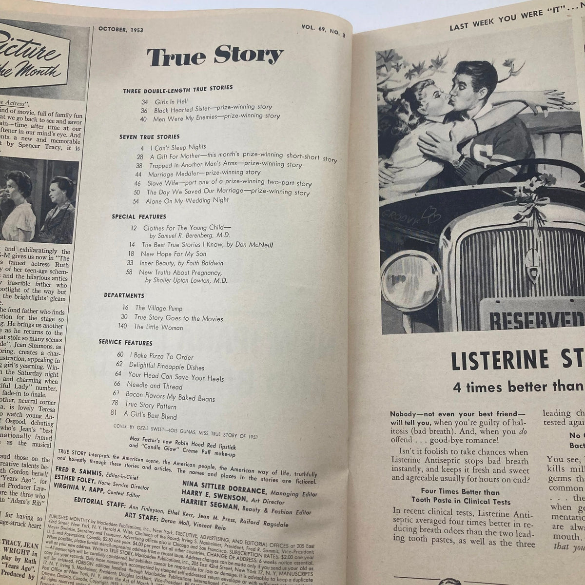Interior page of VTG True Story Magazine October 1953 Vol 69 No. 3 displaying contents and articles, reflecting the cultural themes of the era.