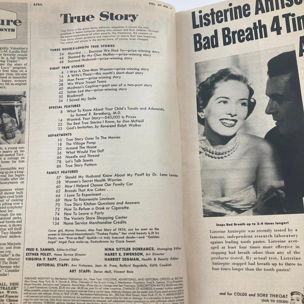 Inside page of VTG True Story Magazine April 1954 Vol 69 No. 9 displaying the table of contents, highlighting various true stories and articles related to family and societal topics.