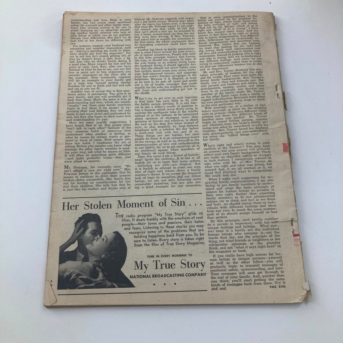 Back cover of VTG True Story Magazine October 1958 Vol 79 No. 3 featuring an advertisement and a summary blurb about the magazine's contents.