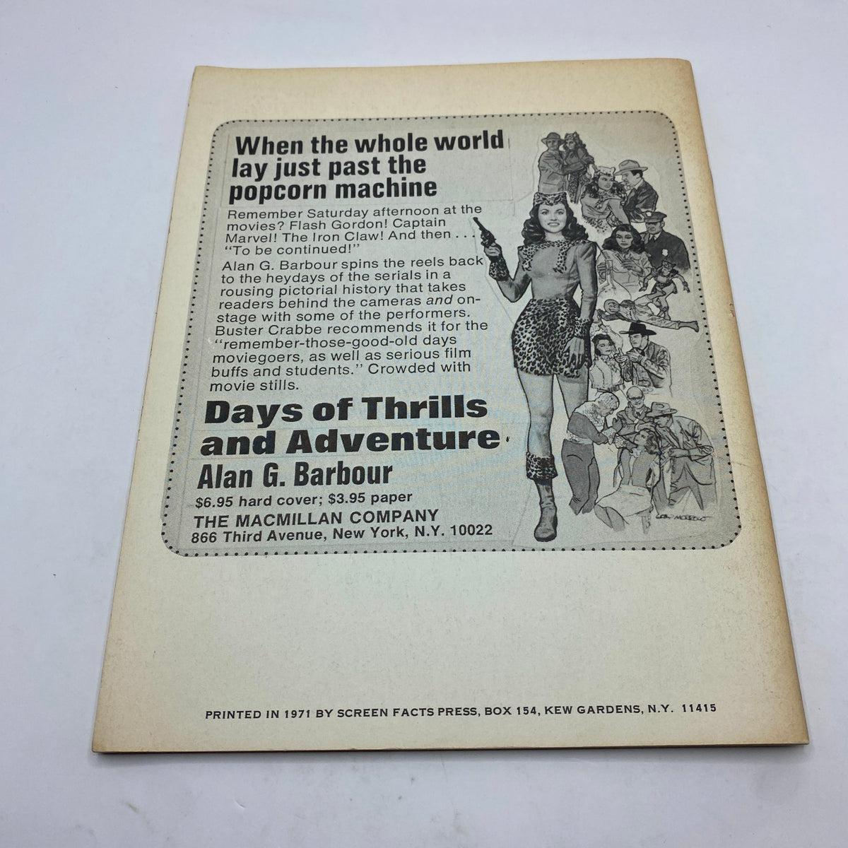 VTG 1971 A Thousand Thrills: Collection of Original Serial Ads back cover featuring Days of Thrills and Adventure description along with a vintage illustration.