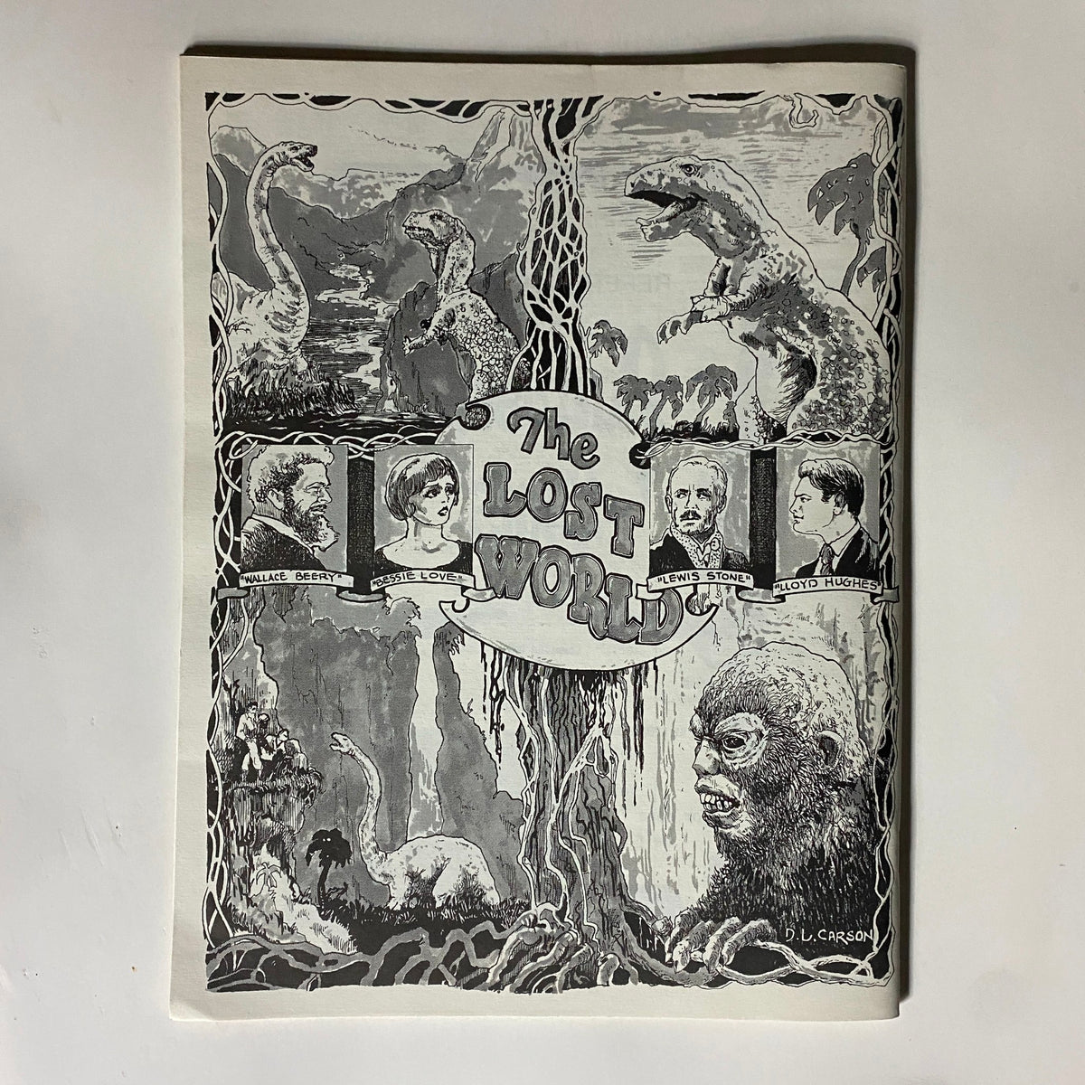 VTG CineFan Magazine July 1974 Cover Image featuring The Lost World with illustrations of dinosaurs and key actors like Wallace Beery and Jessie Love, capturing the essence of classic cinema history.
