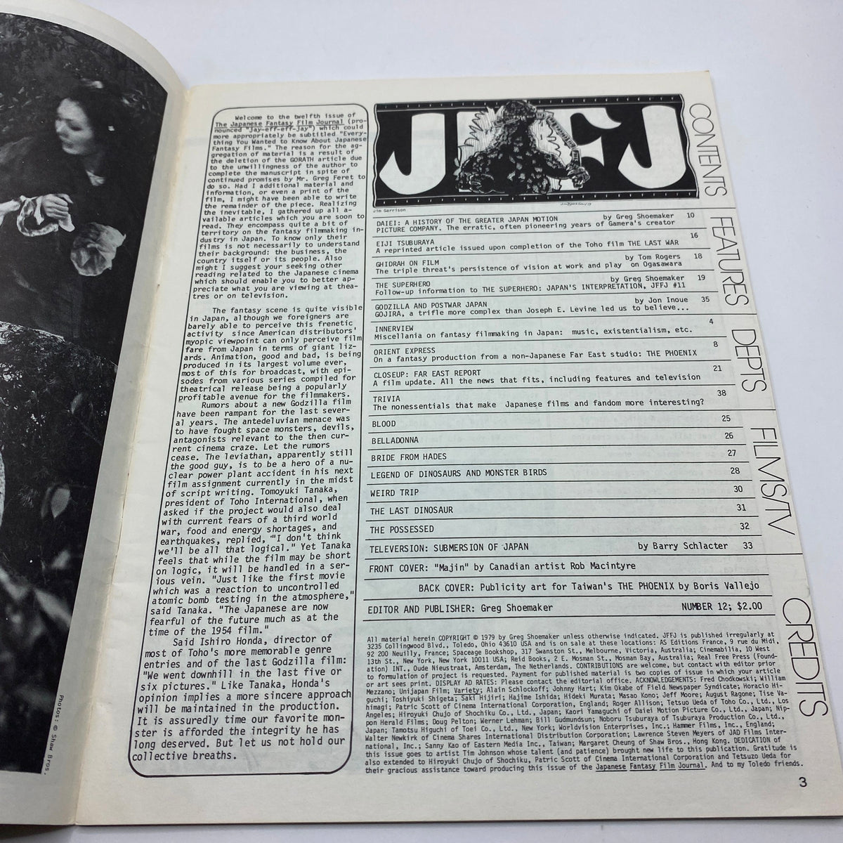 Interior page of the VTG Japanese Fantasy Film Journal 1968 No. 12 displaying contents and articles about Japanese fantasy films including features on notable directors and films.