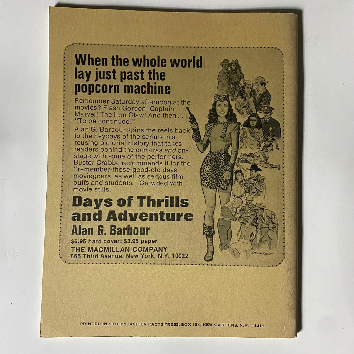 Back cover of VTG 1971 High Roads to Adventure, featuring promotional content related to film serials and a vintage illustration style.