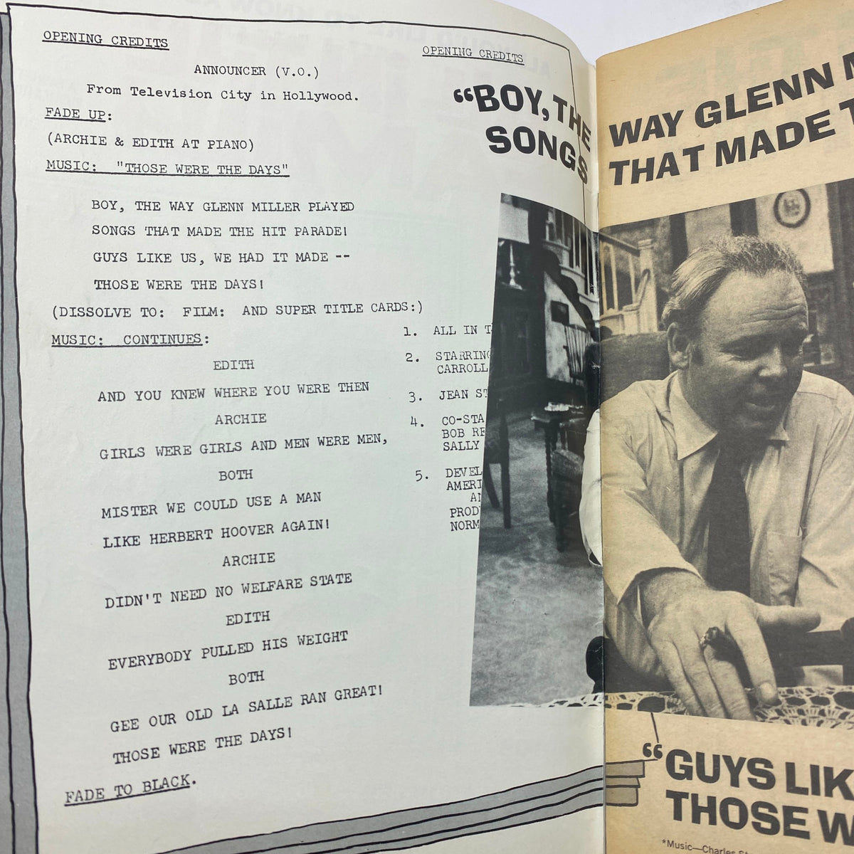 Inside page of VTG All in The Family TV Show Magazine 1971 No. 1 featuring opening credits and dialogue along with nostalgic content about the show's famous themes.