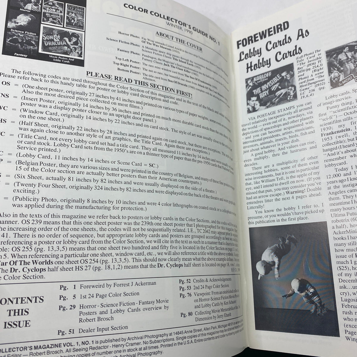 Inside view of the Color Collectors Guide Winter 1990 featuring details about posters and lobby cards, related to the iconic title 'Son of Frankenstein'.