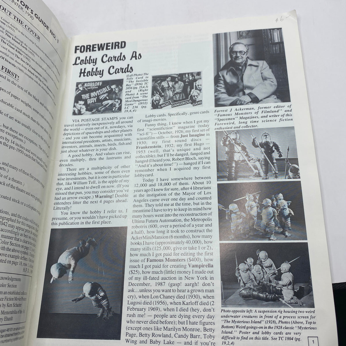 Foreword section of Color Collectors Guide Winter 1990 discussing lobby cards and featuring insights from Forrest J Ackerman, relevant to 'Son of Frankenstein'.