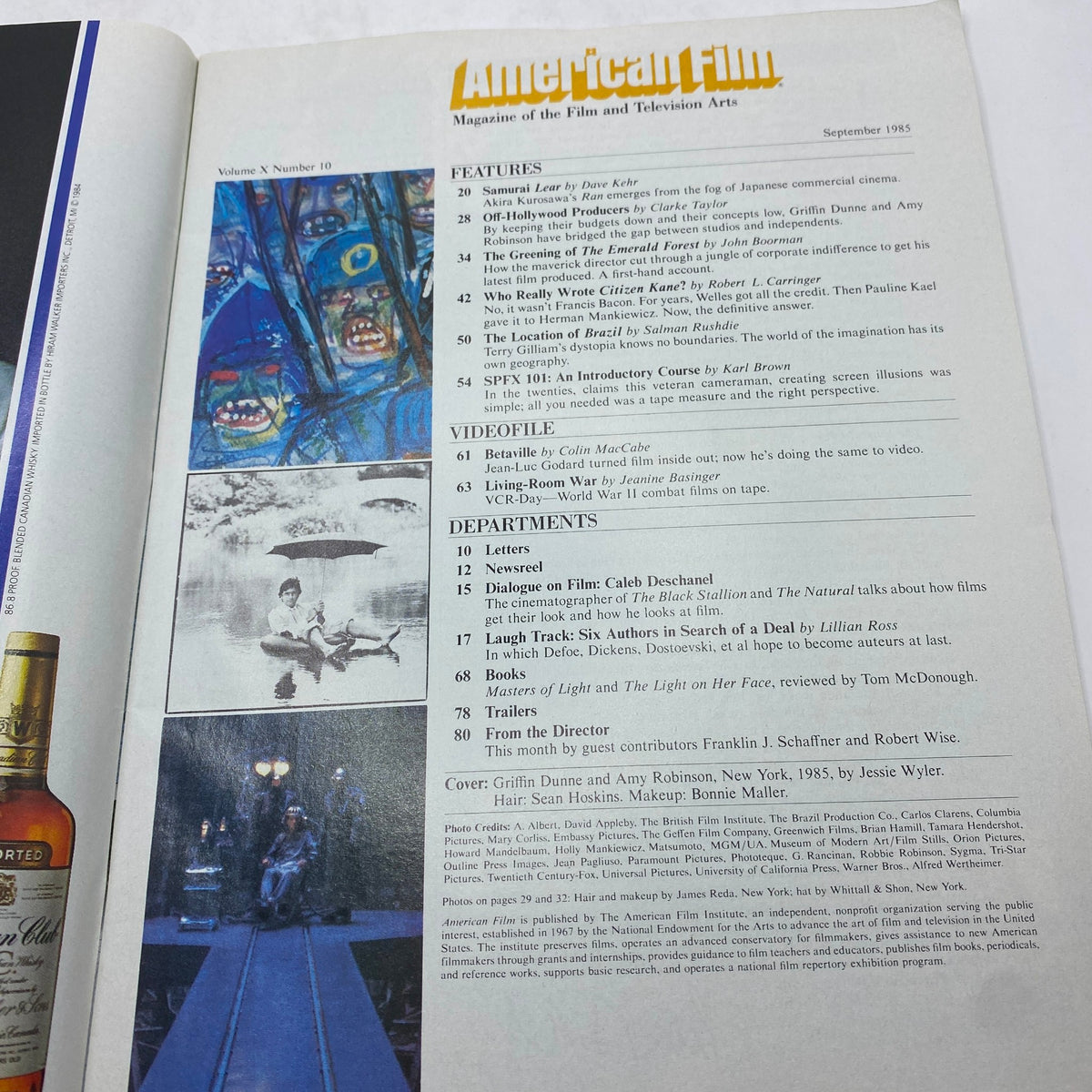 Interior page of the VTG American Film Magazine September 1985 showcasing features and articles related to film and television arts.