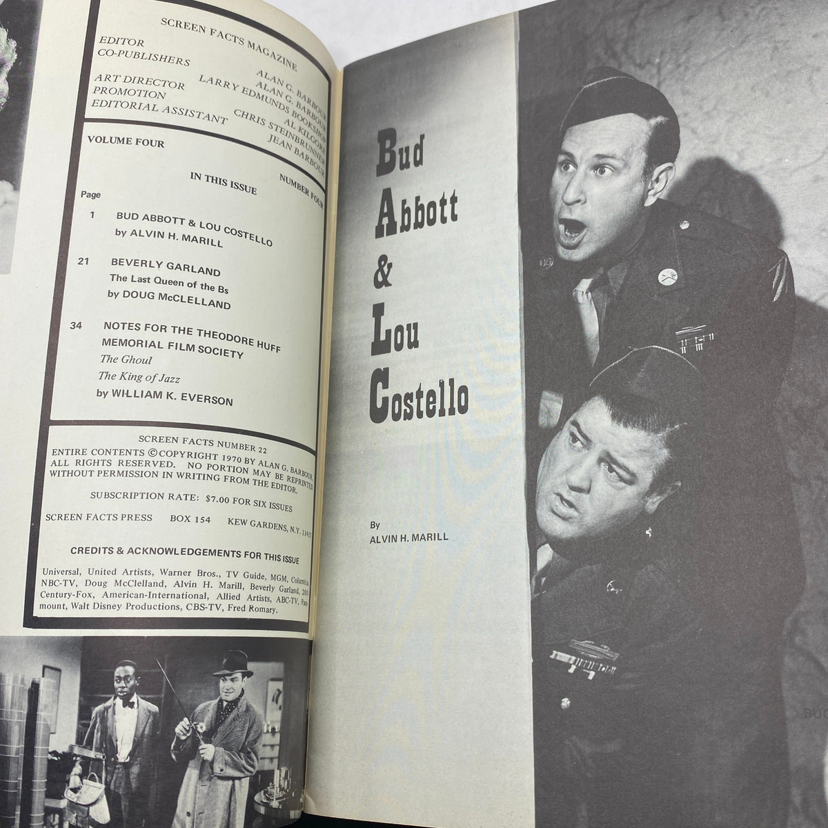 Interior page of VTG Screen Facts Magazine 1970 No. 22 showcasing an article about Bud Abbott and Lou Costello, including photos and editorial credits.