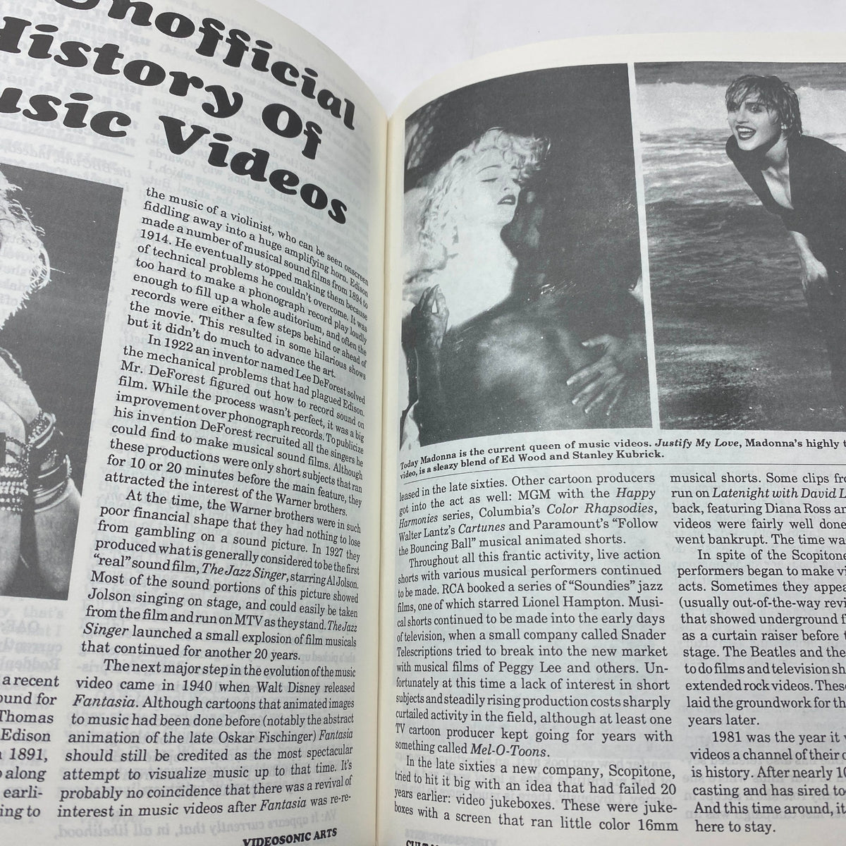 Article page from Cult Movies Magazine 1991 detailing the unofficial history of music videos, highlighting cultural trends with images of famous performers.