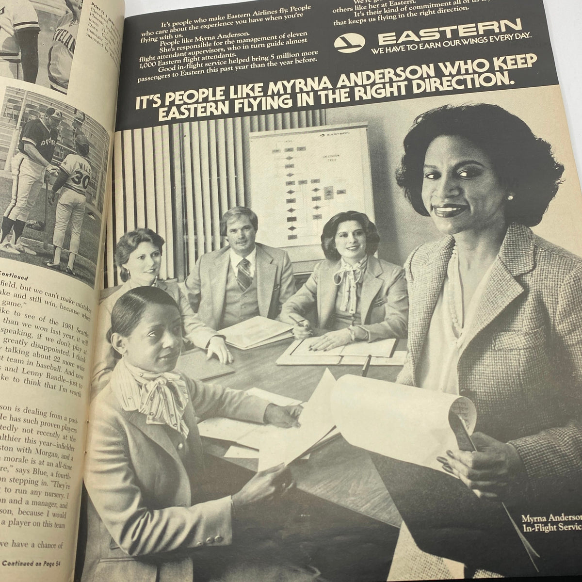 Black and white image from Ebony Magazine June 1981 displaying Myrna Anderson and colleagues in a business meeting, promoting Eastern Airlines.