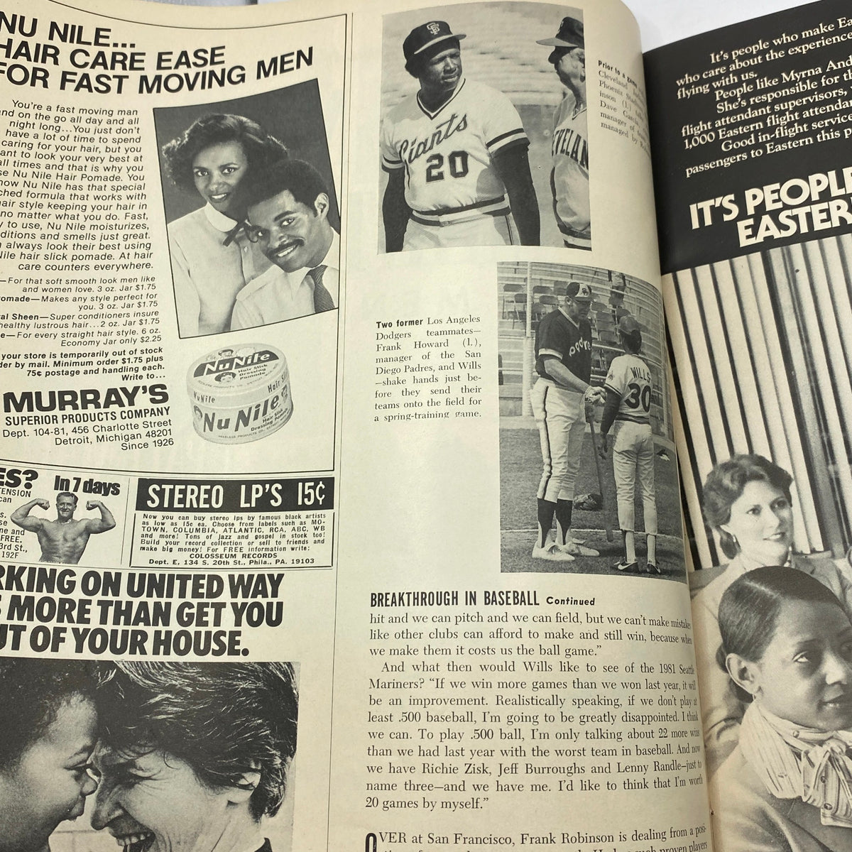Page featuring articles in Ebony Magazine June 1981 about baseball with images of baseball players discussing their backgrounds and experiences.