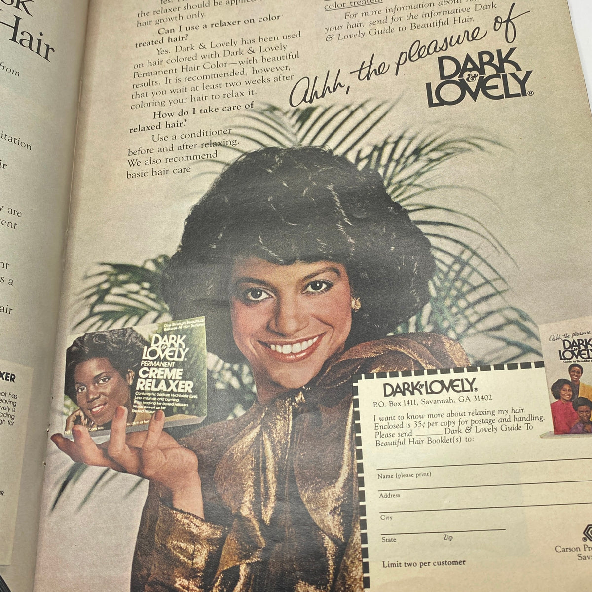 Advertisement in Ebony Magazine June 1981 showcasing Dark & Lovely hair care products, featuring a model with styled hair, promoting beauty for African American women.