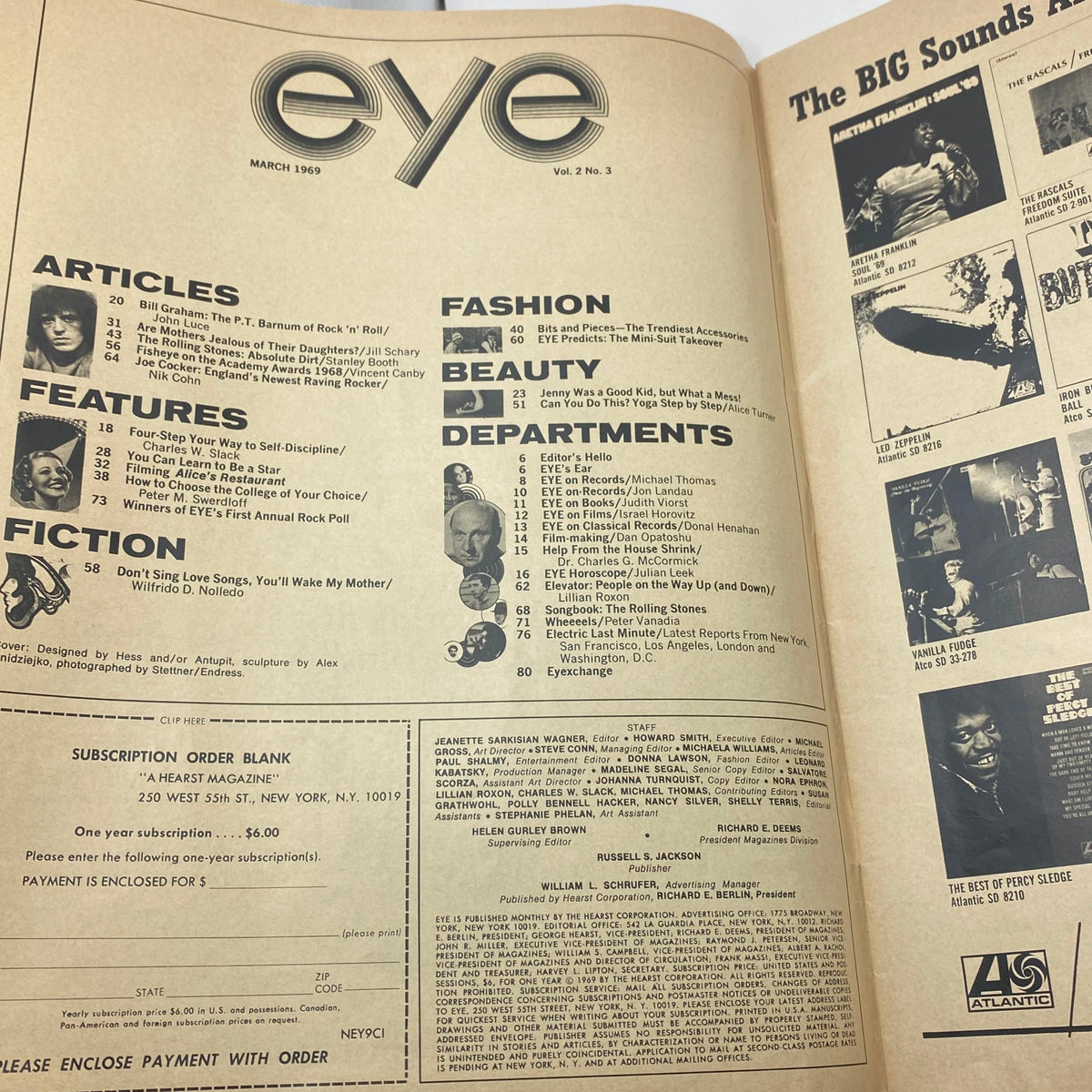 Inside page of VTG Eye Magazine March 1969 showcasing articles and features, including coverage of Bill Graham.