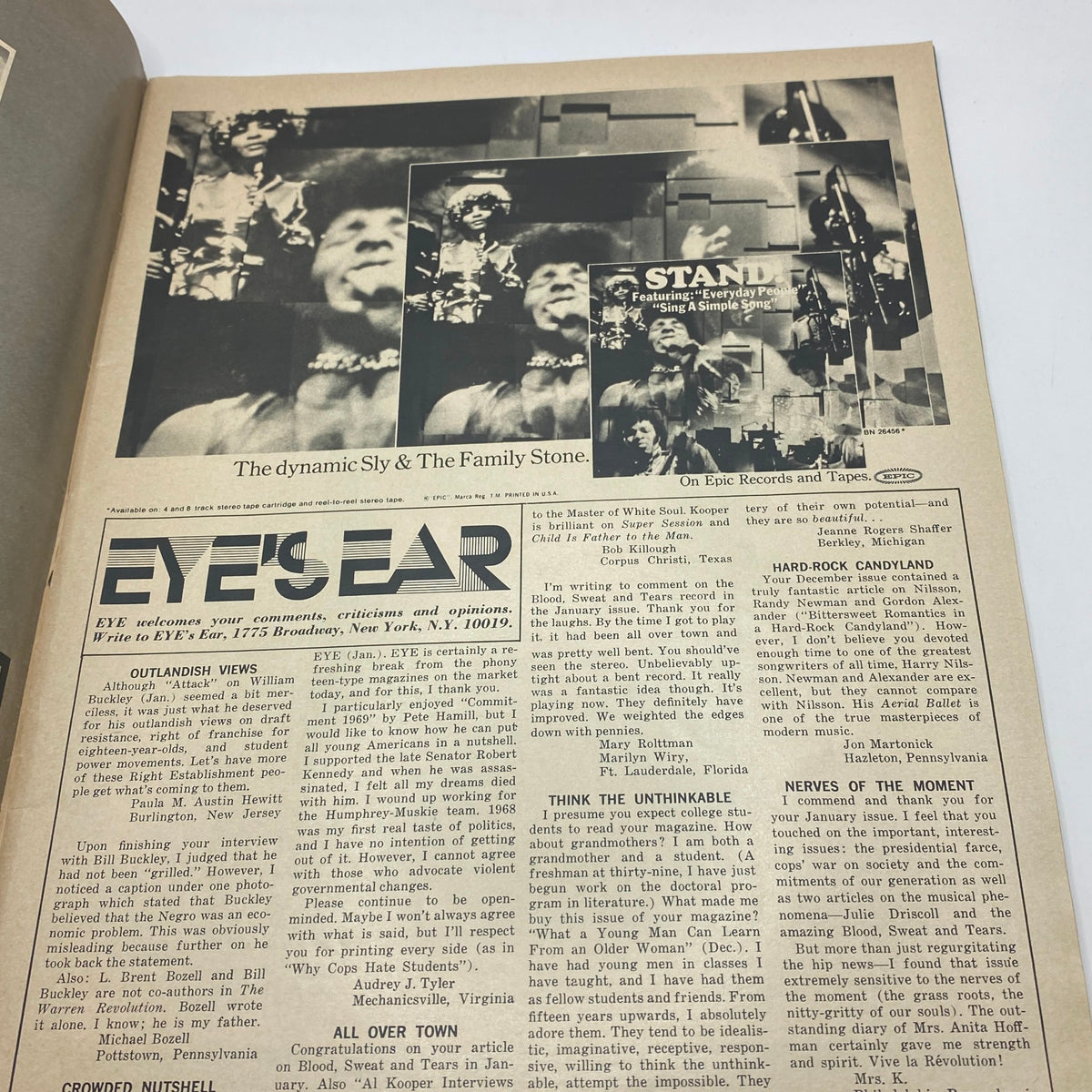 Page from VTG Eye Magazine April 1969 featuring the editorial section titled 'EYE'S EAR' discussing various cultural critiques and opinions.