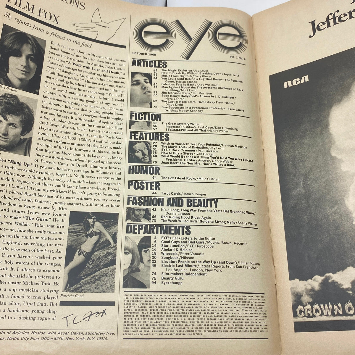 Inside page of VTG Eye Magazine October 1968 showcasing articles and features including Jim Morrison's rap, Volume 1, Number 8.