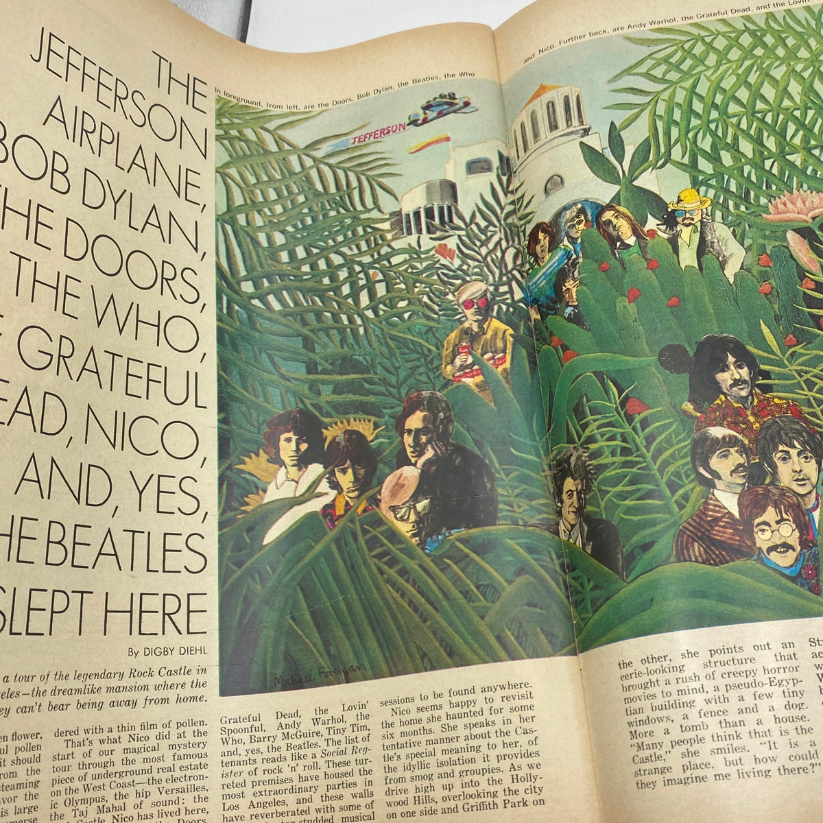 Colorful illustration featuring famous musicians including Jefferson Airplane and The Doors from VTG Eye Magazine October 1968, Volume 1, Number 8.