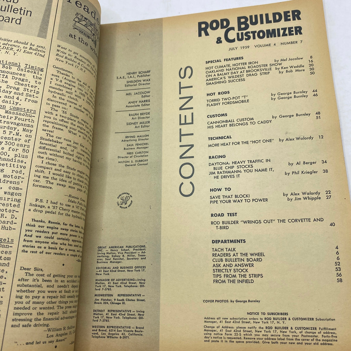 Contents page of Rod Builder & Customizer Magazine July 1959 featuring articles and insights on automotive customization and hot rods.
