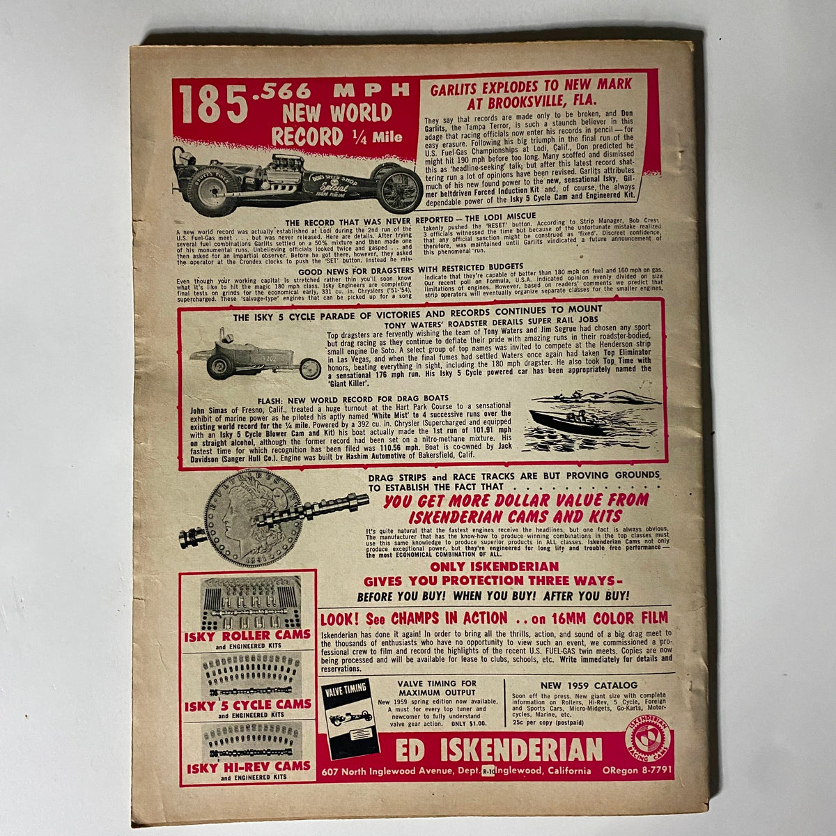 Back cover of VTG Rod Builder Magazine October 1959 advertising Isky cam products and detailing a drag racing event.