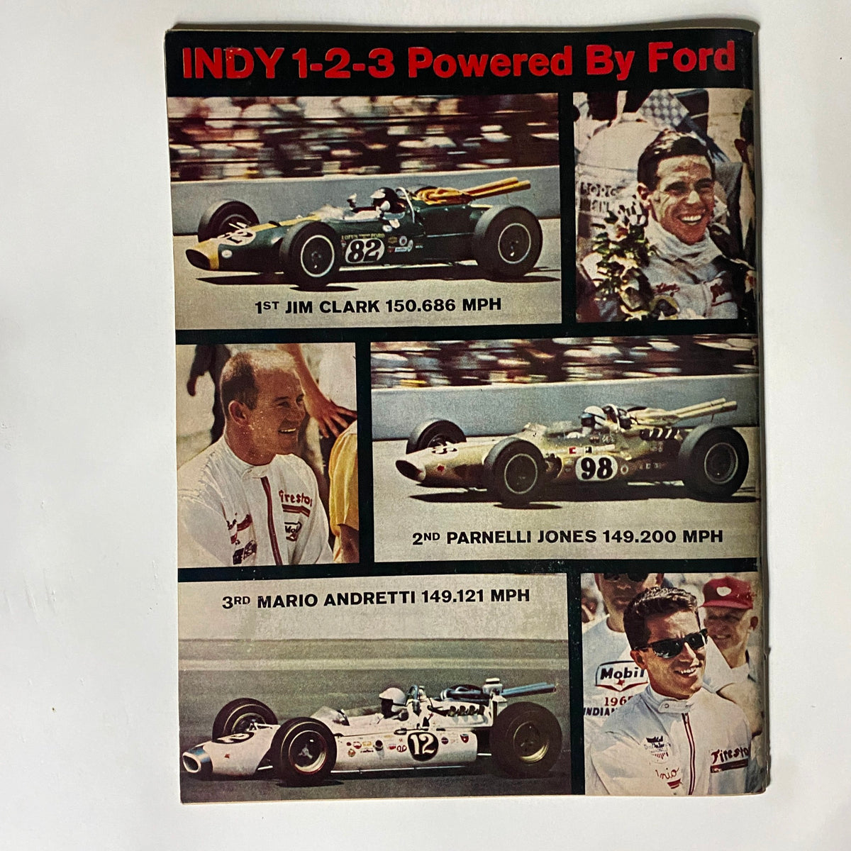 Image collage from the December 1965 American Rodding Magazine showcasing race cars powered by Ford, celebrating notable figures like Jim Clark, Parnelli Jones, and Mario Andretti.