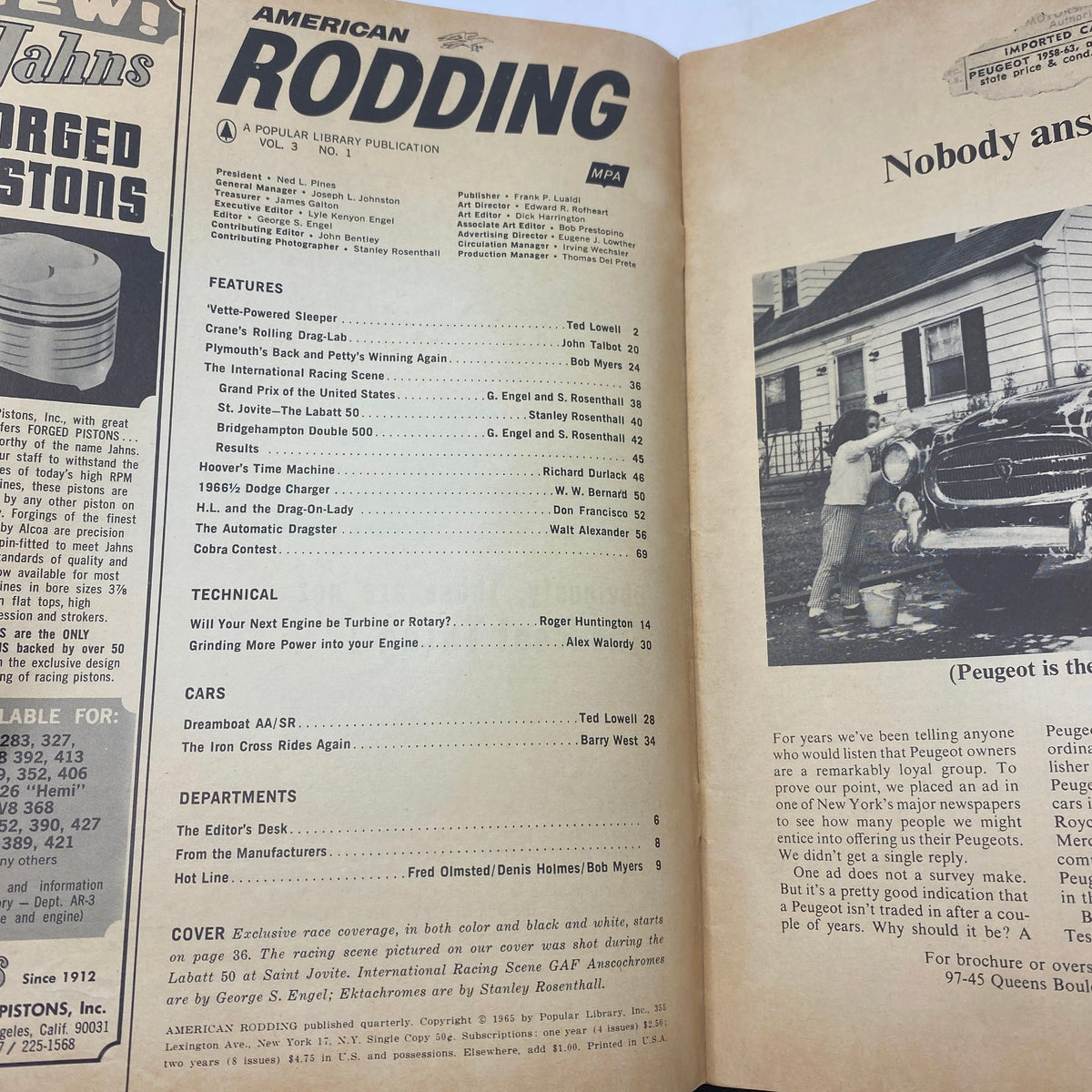 Interior page of VTG American Rodding Magazine March 1966, displaying the table of contents with features and articles related to automotive performance and racing.