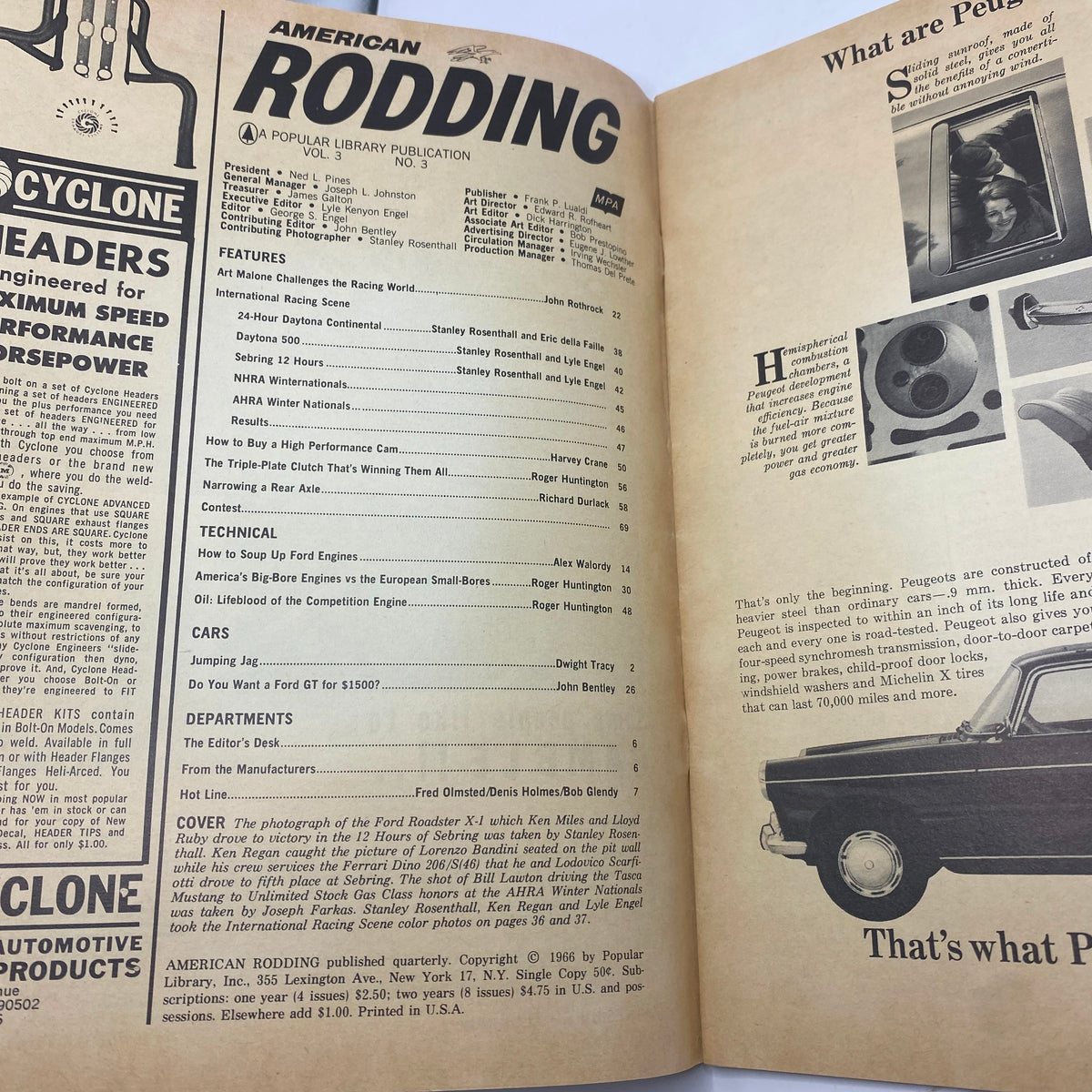 Inside page of VTG American Rodding Magazine September 1966 displaying the contents and features, celebrating American automotive performance and engineering.
