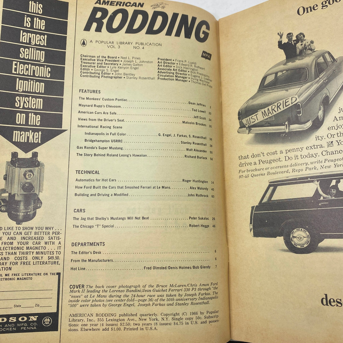 Interior page of VTG American Rodding Magazine December 1966 featuring articles, features, and details about drag racing culture, including the Chevoom Dragster issue.