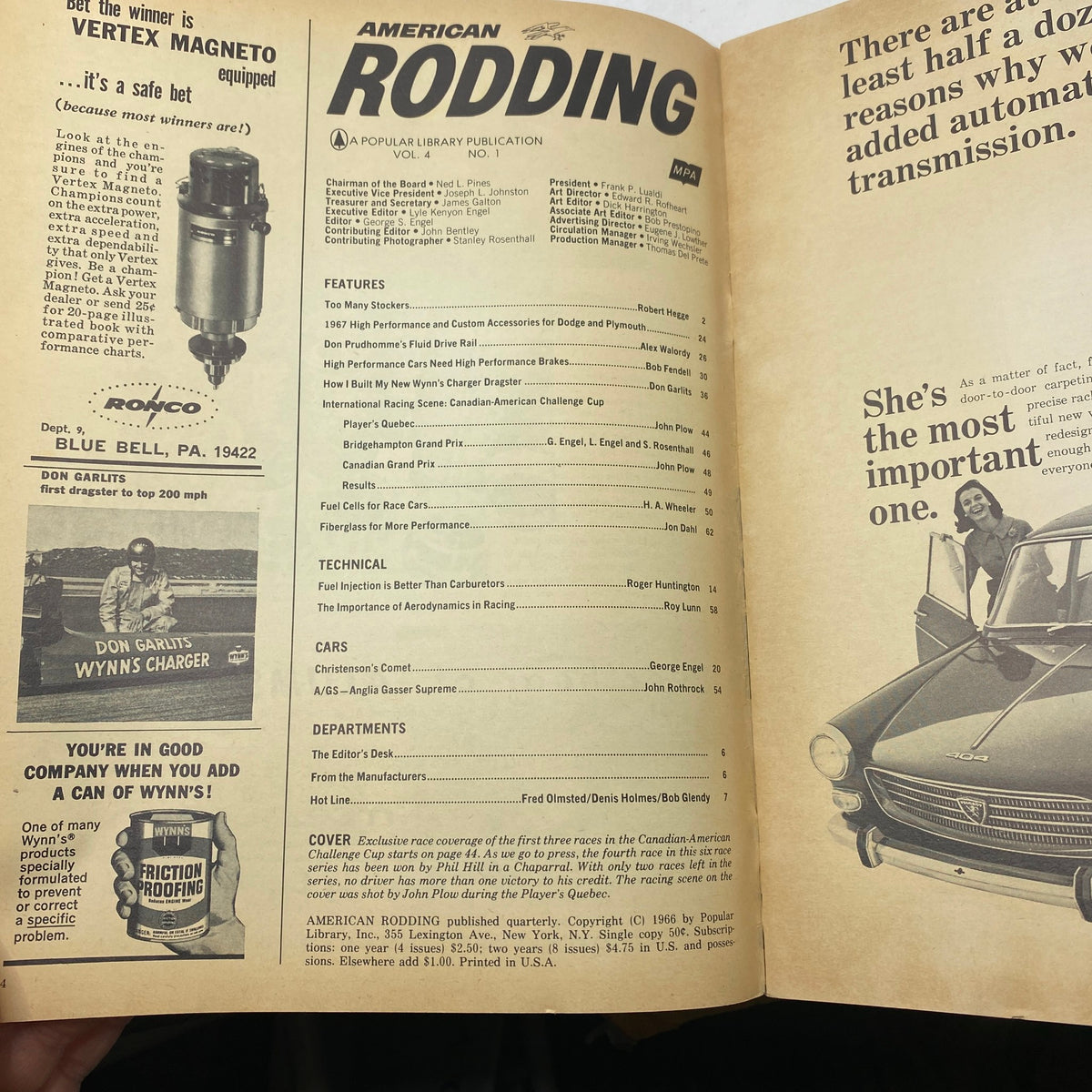 Interior page of American Rodding Magazine March 1967 displaying the table of contents, featuring articles on automotive performance, the Canadian-American Challenge Cup, and technical insights.