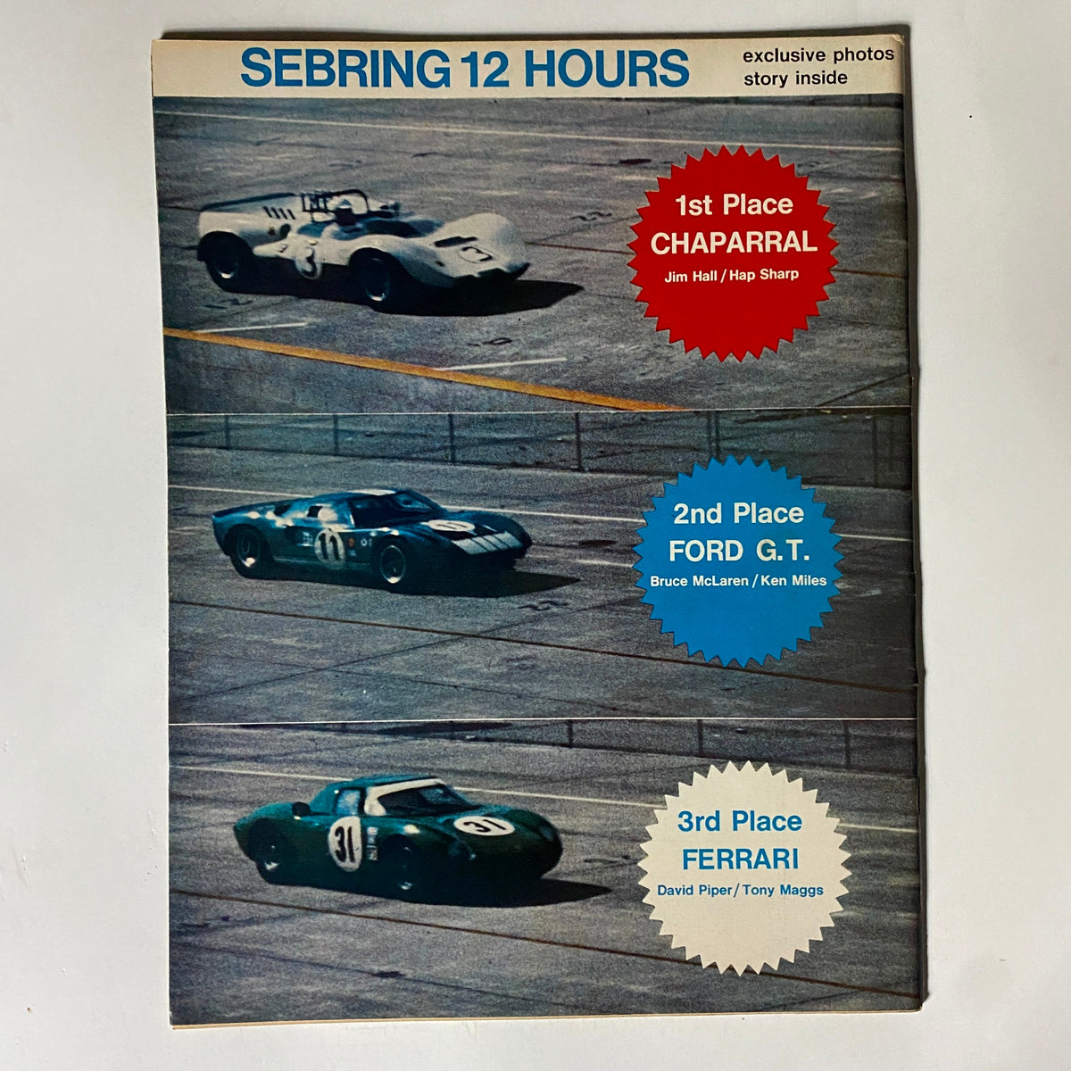 Back cover of American Rodding Magazine September 1965 showing results from the Sebring 12 Hours race, listing Chaparral, Ford G.T., and Ferrari placements with notable drivers.
