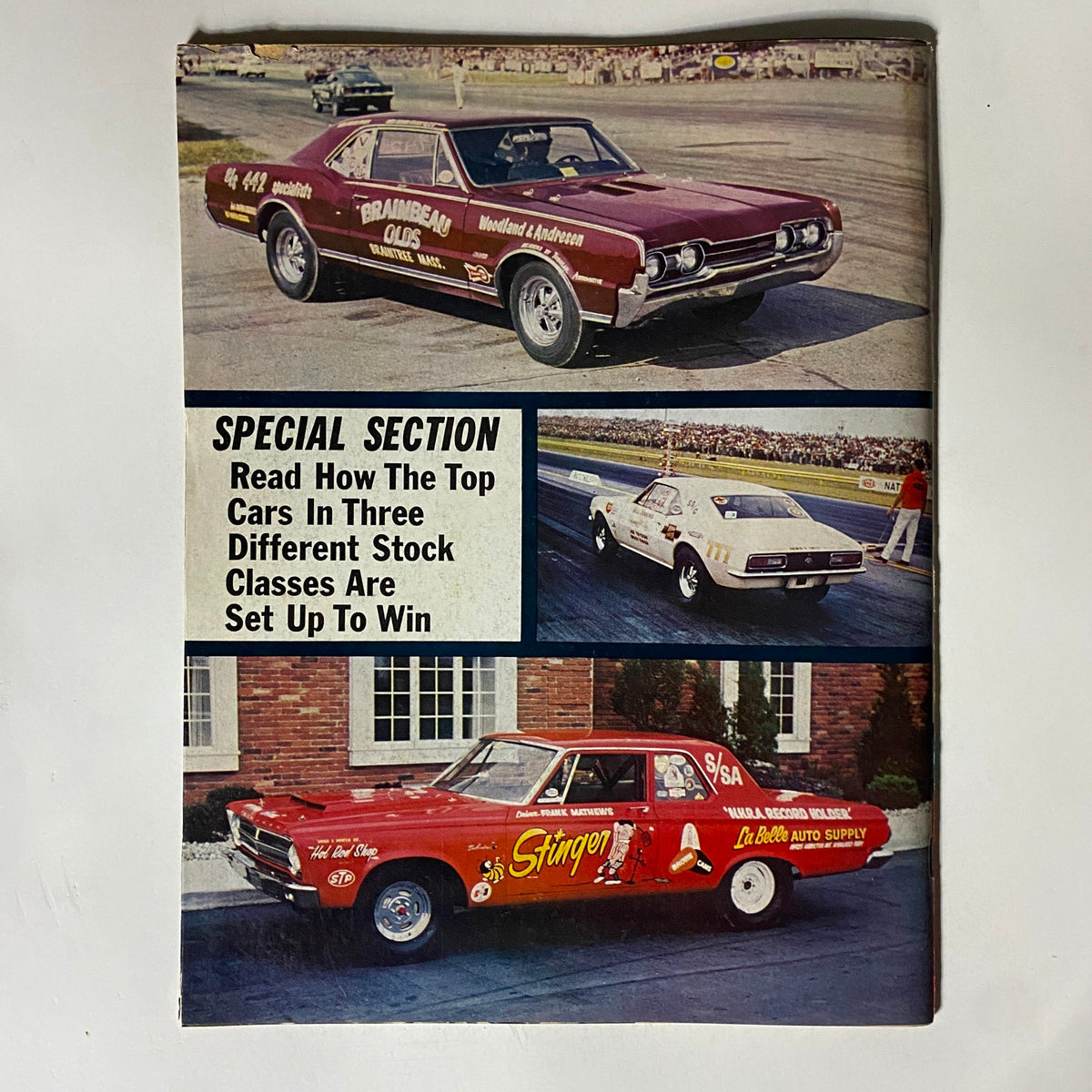 Back cover of American Rodding Magazine from June 1968, featuring various racing cars with a special section on how top cars in different stock classes are set up to win.