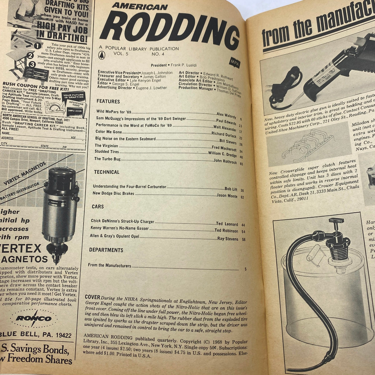 Contents page of VTG American Rodding Magazine December 1968, featuring features like 'Big Noise on the Eastern Seaboard' and technical articles on automotive innovations.