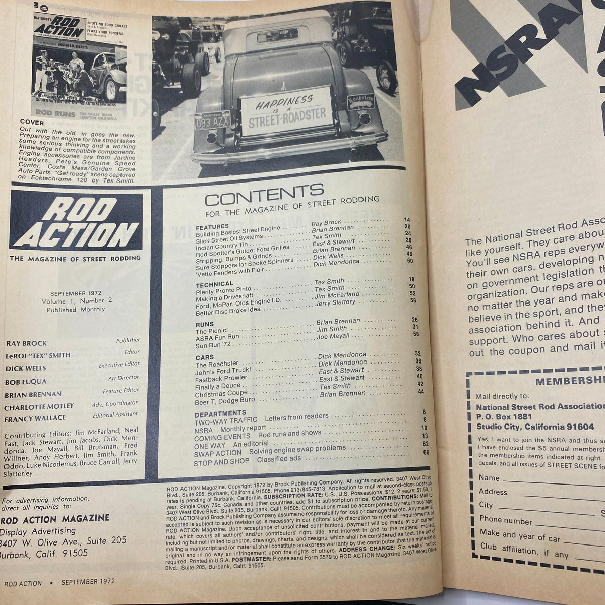 Inside page of VTG Rod Action Magazine September 1972 displaying the contents and features of the issue, including articles by notable authors and editorial information.