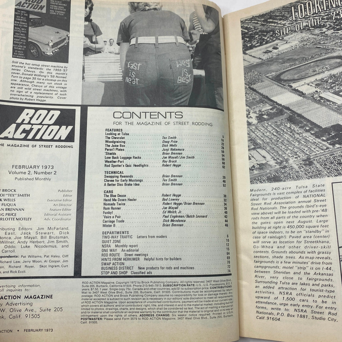 Interior page of the February 1973 Rod Action Magazine, displaying the table of contents alongside a vintage automotive image.