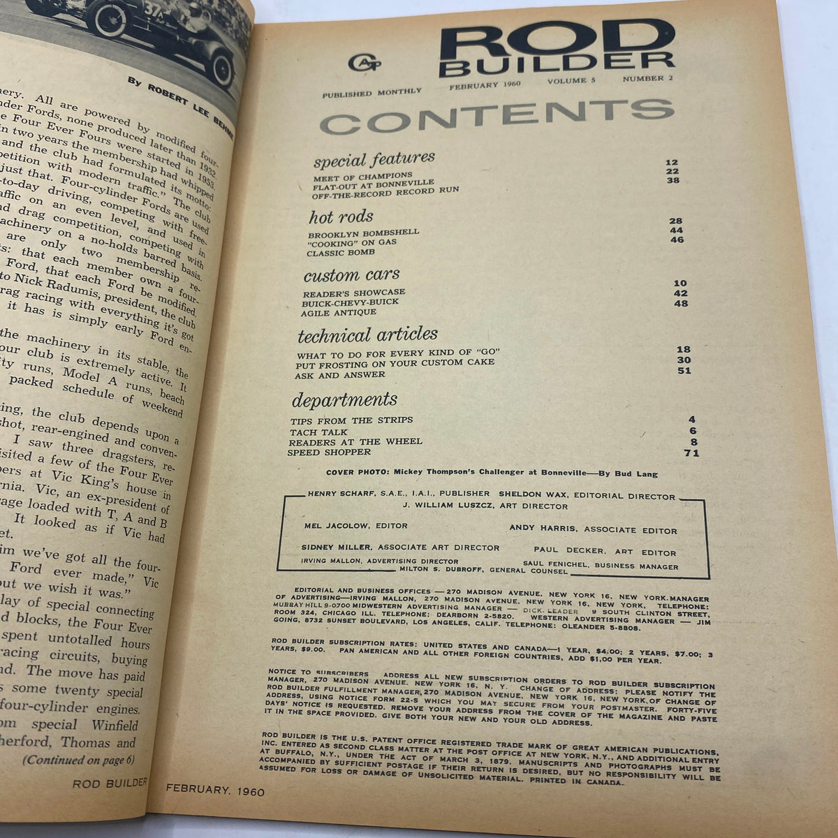 Contents page of VTG Rod Builder Magazine February 1960, listing features including the Drag Meet of Champions and various technical articles.