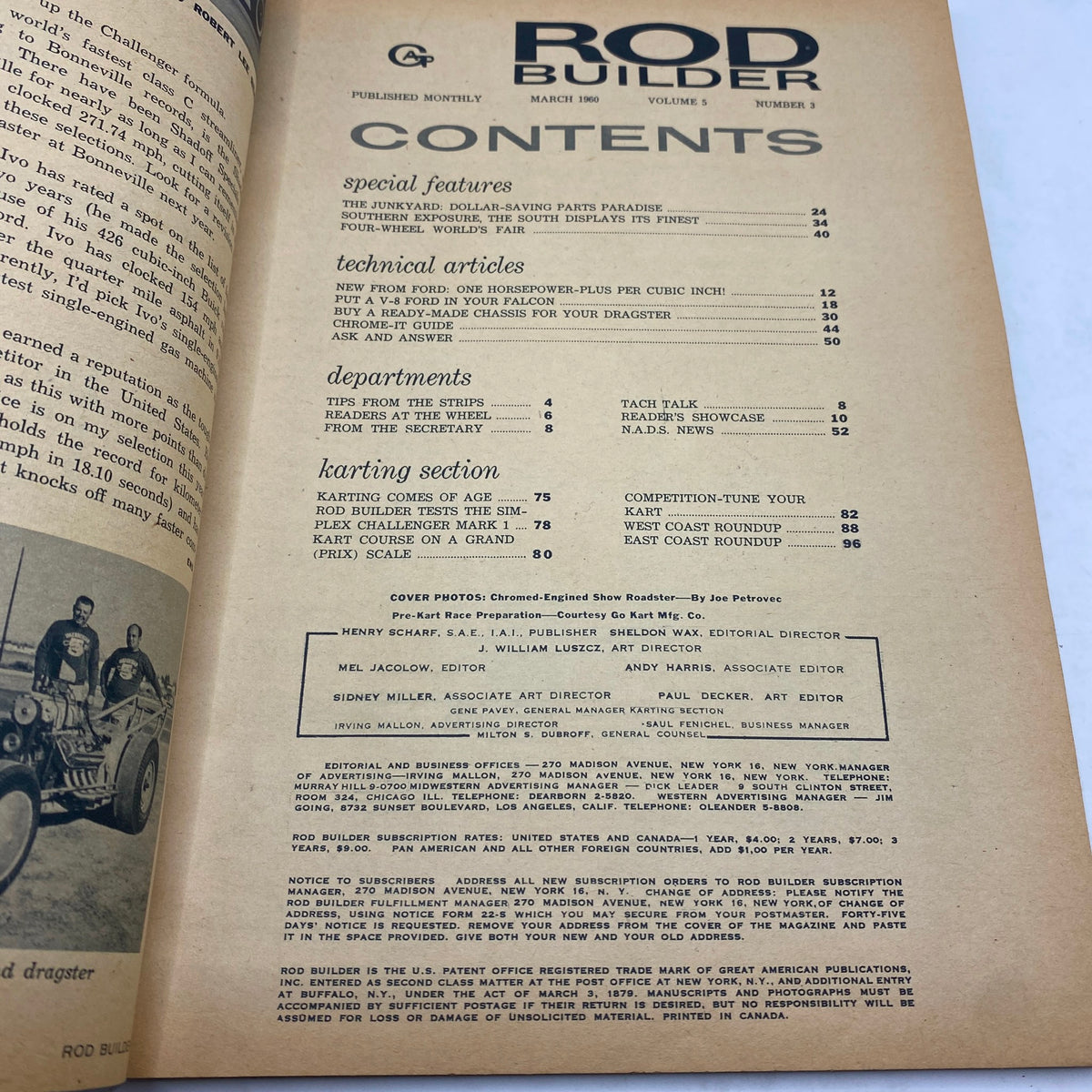 Contents page of the Vintage Rod Builder Magazine March 1960 featuring technical articles, karting section, and special features related to automotive culture, titled 'Ford V8 in Your Falcon'.