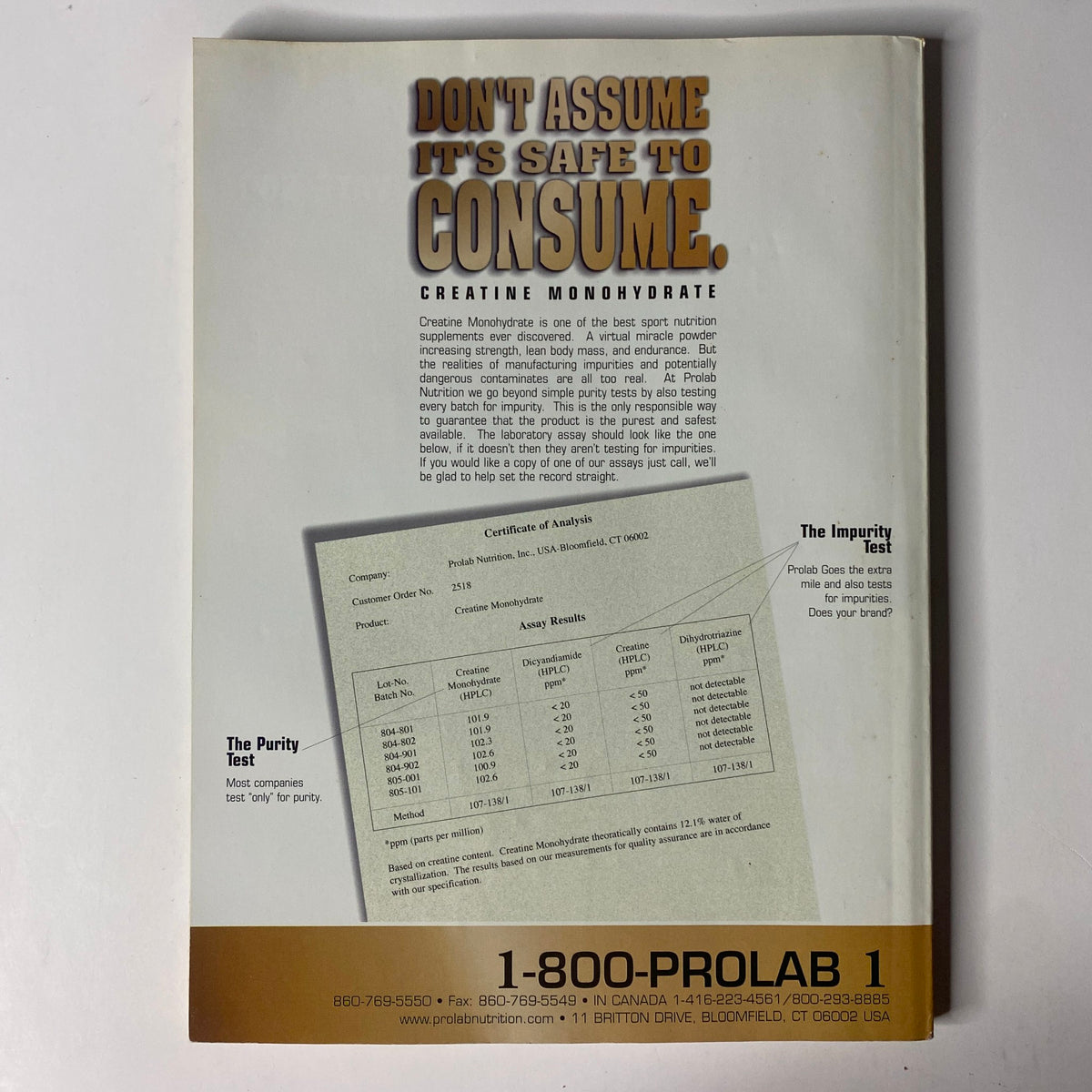 Back cover of MuscleMag International Magazine September 1998 No. 195 featuring an advertisement for creatine monohydrate with a description of purity tests, providing health supplement information.