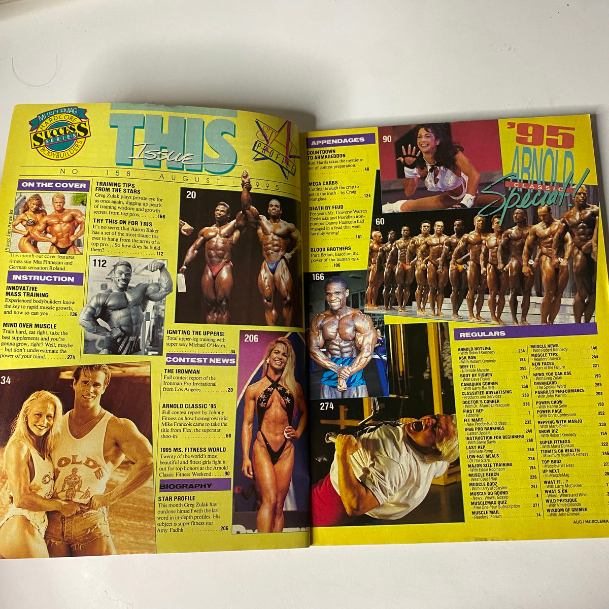 Inside spread of MuscleMag International Magazine August 1995 No. 158 showcasing an Arnold Classic special report, highlights of bodybuilders, and fitness training tips.