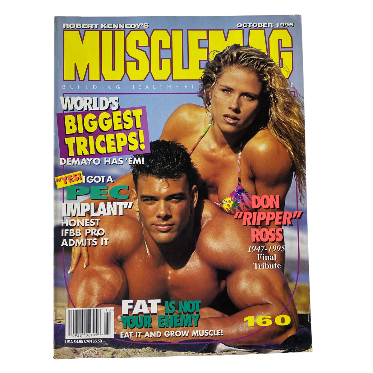 MuscleMag International Magazine October 1995 No. 160 featuring Frank Sepe and Monica Brandt on the cover, showcasing bodybuilding culture and fitness.