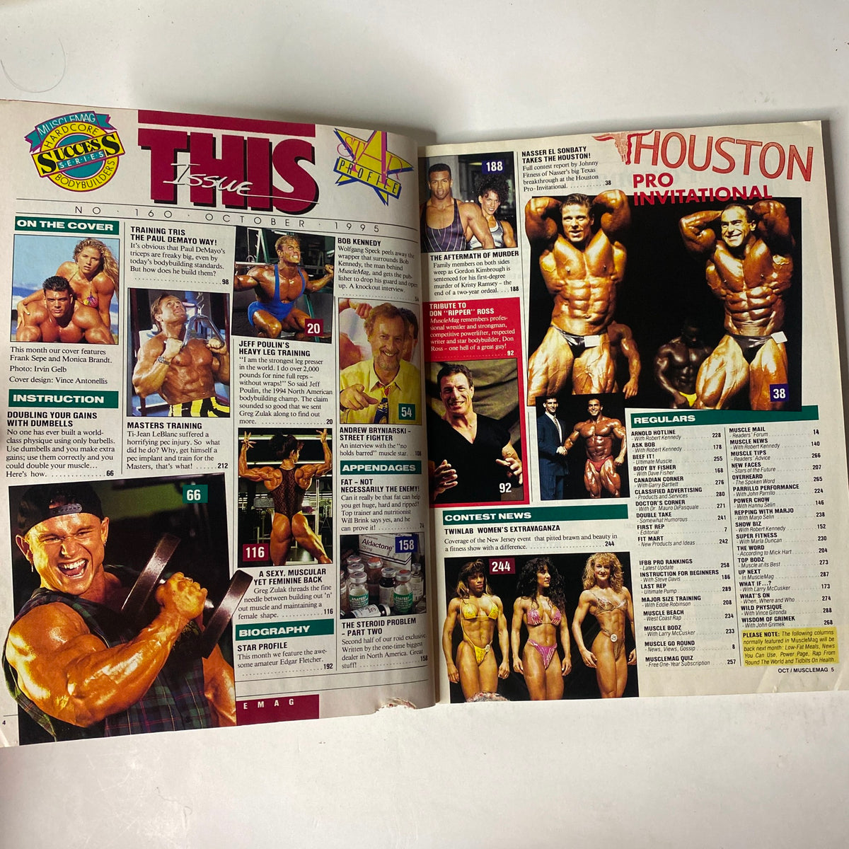 Inside page of MuscleMag International Magazine October 1995 No. 160, displaying contest news, profiles, and bodybuilding insights along with visual content.