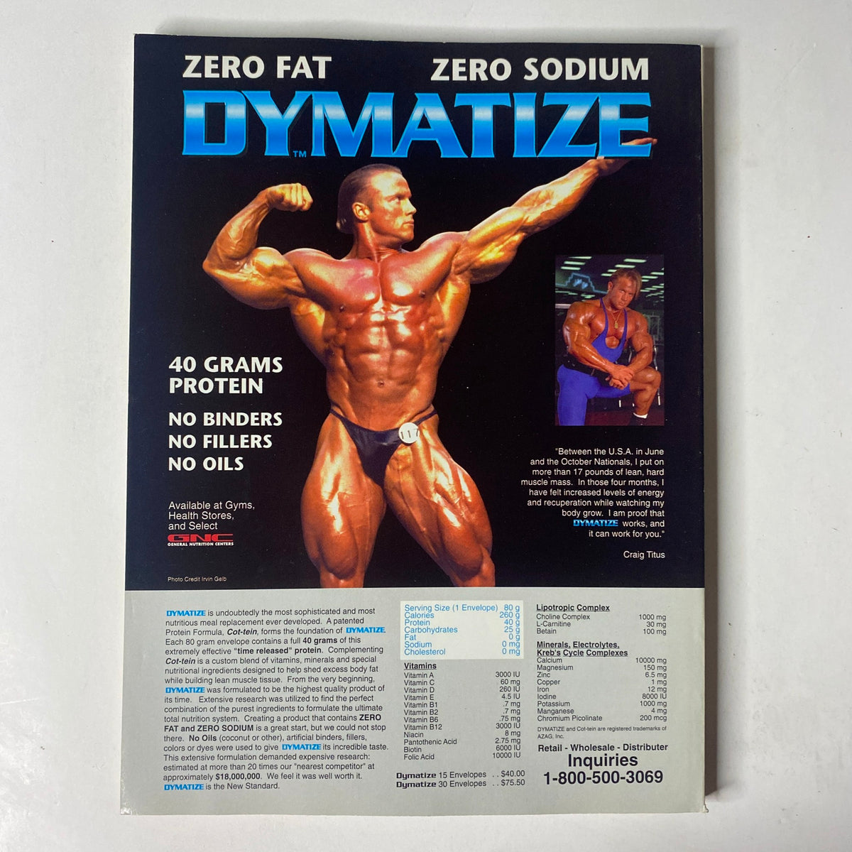 Dymatize advertisement featuring a muscular bodybuilder promoting zero fat and zero sodium protein with 40 grams of protein and no fillers. Relevant to the MuscleMag International Magazine April 1995 issue featuring Paul DeMayo and Denise Paglia.