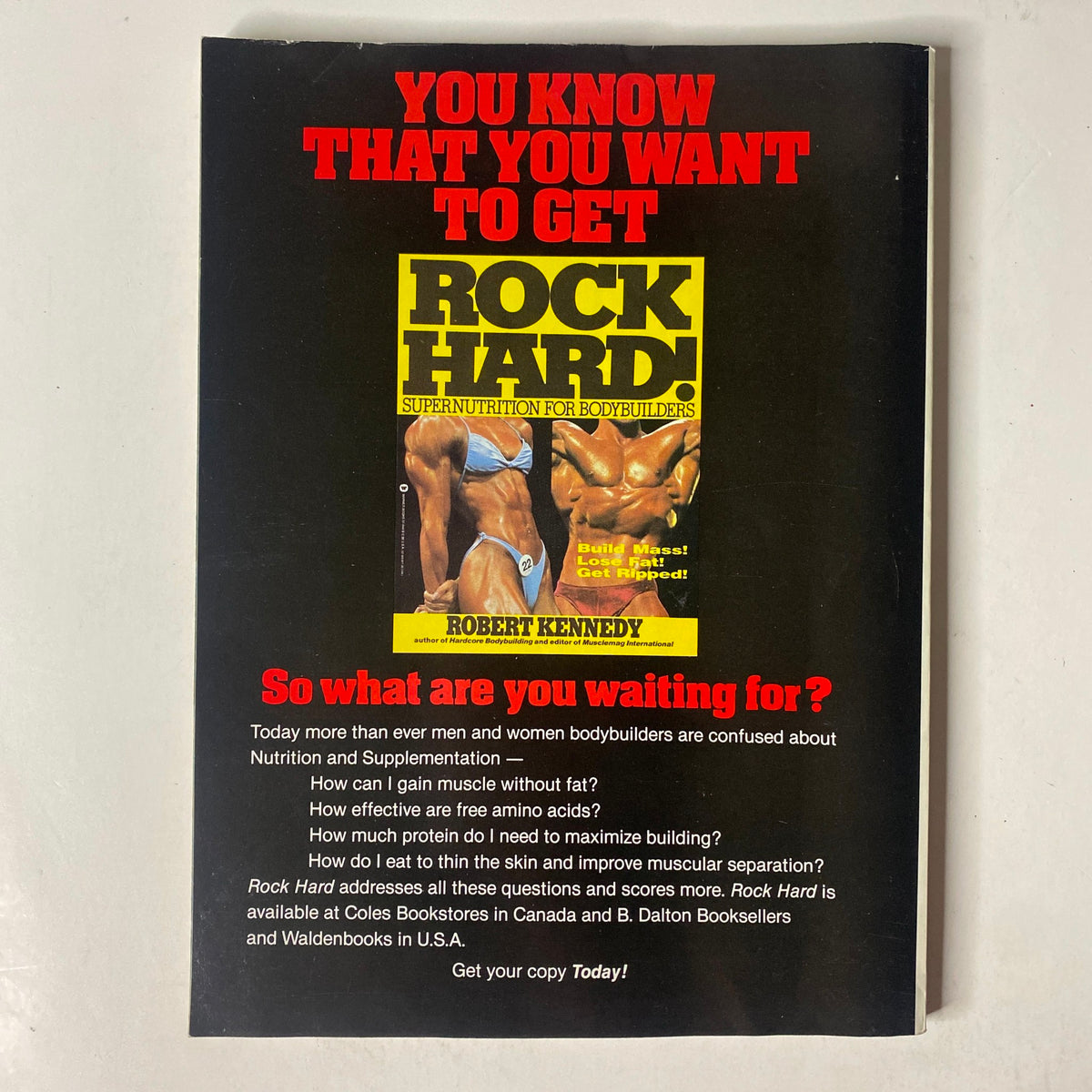 Back cover of the July 1995 MuscleMag International Magazine promoting the book 'Rock Hard' by Robert Kennedy, emphasizing bodybuilding nutrition and supplementation.
