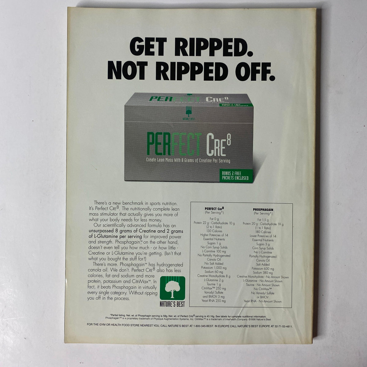 Advertisement for Perfect CRE8, a sports nutrition supplement. The ad features a box with product information and highlights its benefits, set against a simple background in relation to MuscleMag International Magazine July 1996 featuring Roland Kickinger and Marla Duncan.