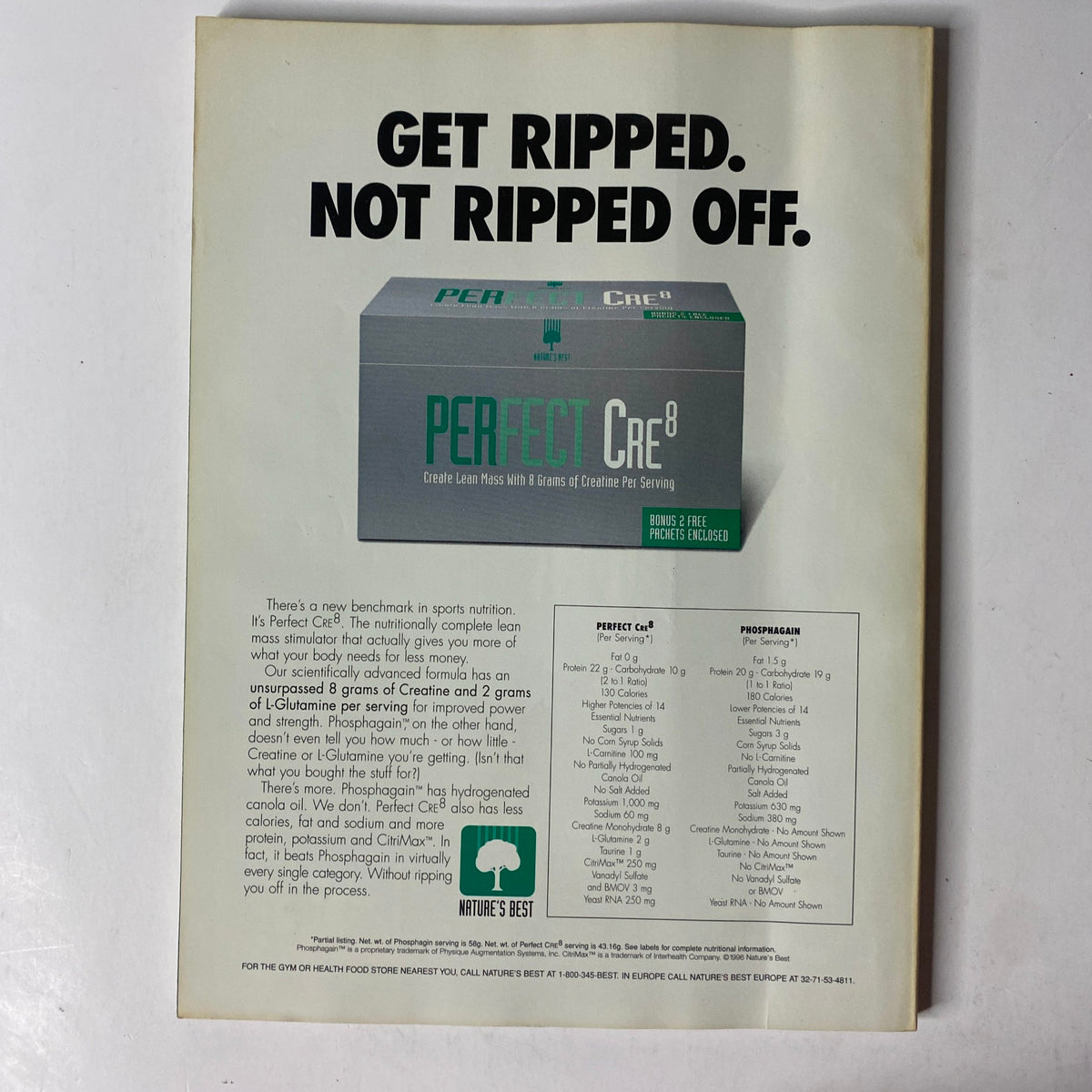 Advertisement for Perfect Cre8, featured in MuscleMag International Magazine August 1996 No. 170, promoting a high-quality creatine supplement for bodybuilding enthusiasts.