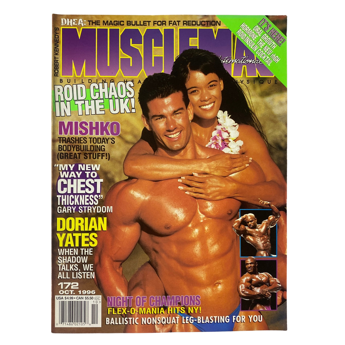 MuscleMag International Magazine October 1996, Issue No. 172 featuring Bill Davey and Dawn Parado on the cover, showcasing bodybuilding, fitness insights, and industry updates.