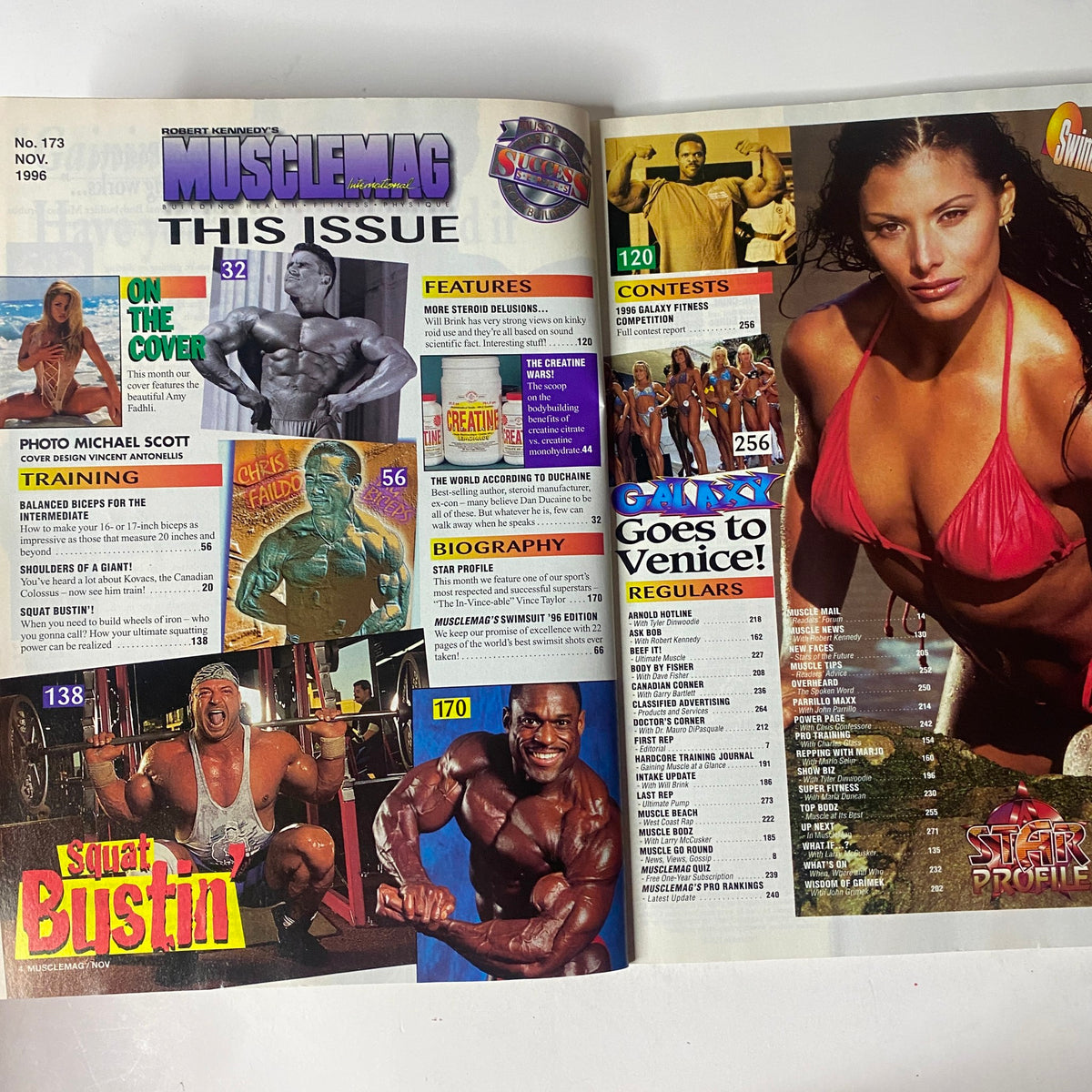Inside spread of MuscleMag International Magazine November 1996 No. 173 detailing features, contests, and biographies related to bodybuilding and fitness.