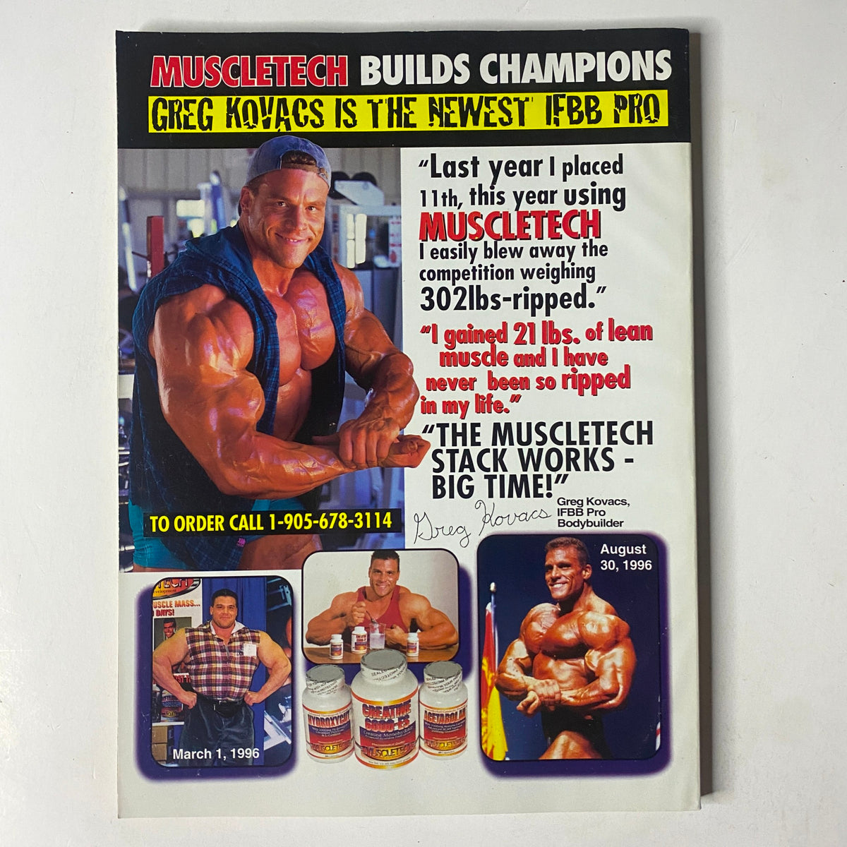 MuscleMag International Magazine November 1997, No. 185, featuring Greg Kovacs, an IFBB Pro, promoting Muscletech products with a quote about his bodybuilding experience and achievements.