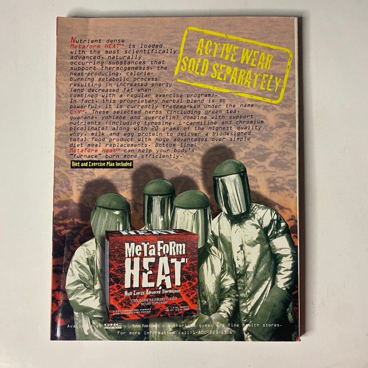 Back cover of Muscle & Fitness Magazine January 1997 featuring nutrient dense supplements and a product advertisement for MetaForm Heat, highlighting active wear sold separately.