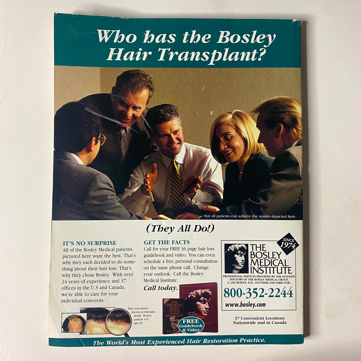 Back cover of Muscle & Fitness Magazine December 1998, advertising Bosley Hair Transplant services, featuring a professional setting with individuals discussing hair loss solutions.