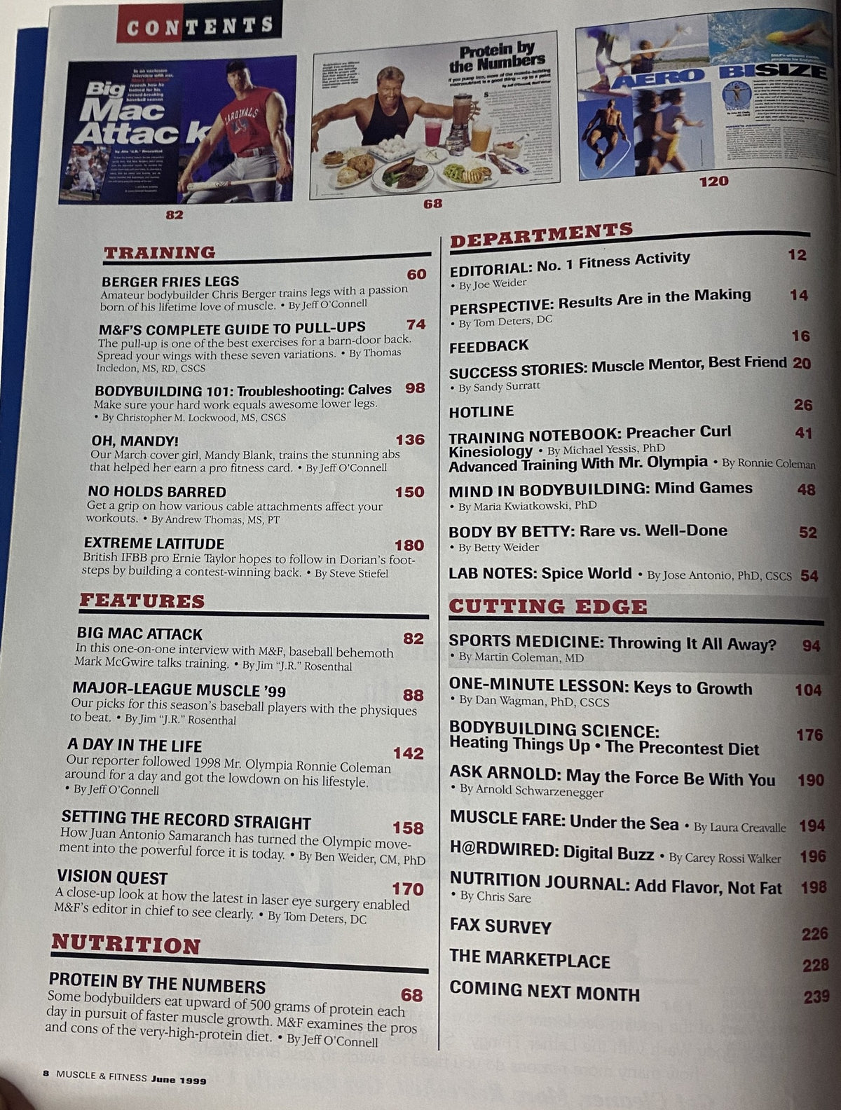 Second contents page of Muscle & Fitness Magazine June 1999 Vol 60 No. 6 listing training tips and nutritional advice.