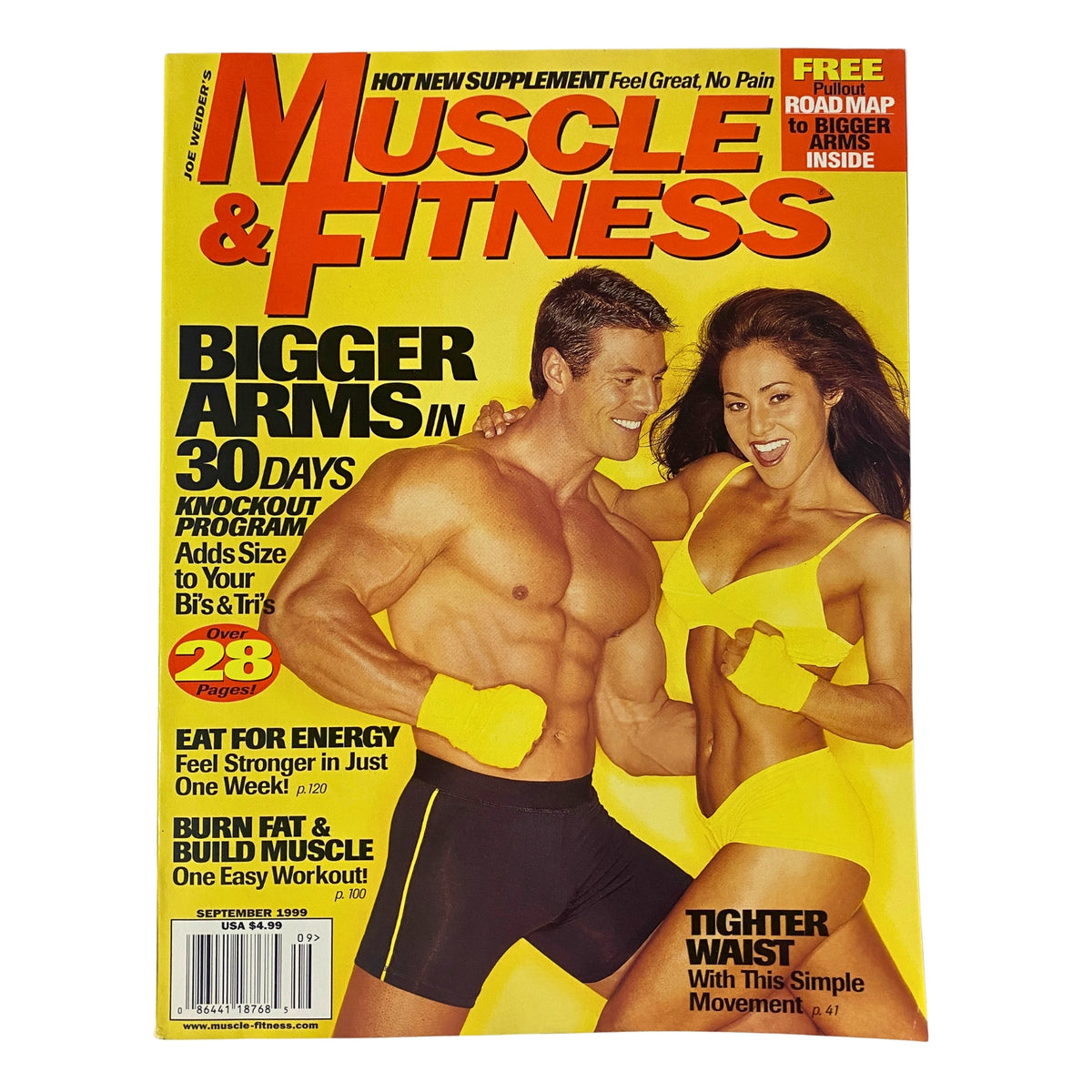 Muscle & Fitness Magazine Cover - September 1999 featuring a couple showcasing fitness with headlines about achieving bigger arms, energy, and workout routines.
