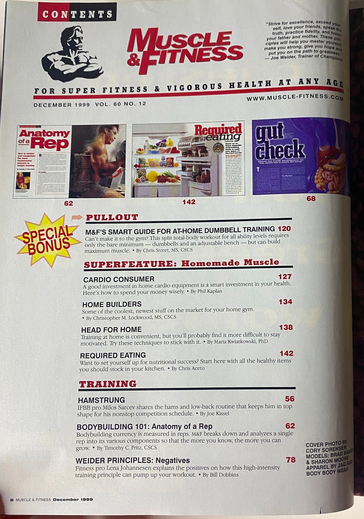 Contents page of Muscle & Fitness Magazine December 1999, listing articles such as Anatomy of a Rep and Smart Guide for At-Home Dumbbell Training.